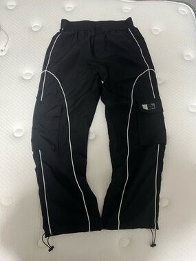 Men's Black Cargo Track Pants with Reflective Piping